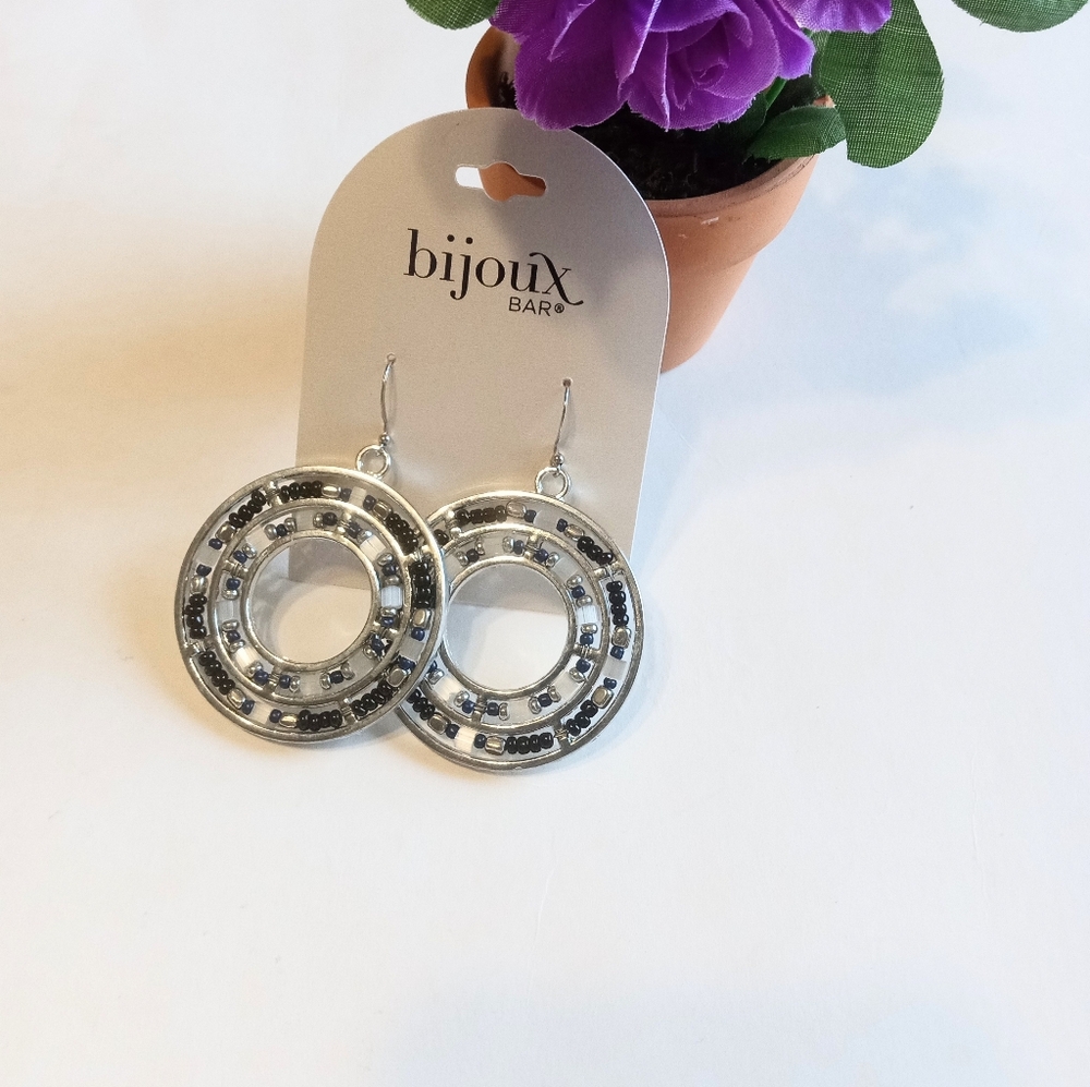 Bijoux Silver Tone Circle Navy Blue Beaded Metal Earrings